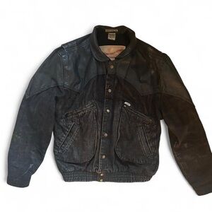 Vintage RARE Guess Men’s by Marciano Black Leather and Denim Bomber Jacket